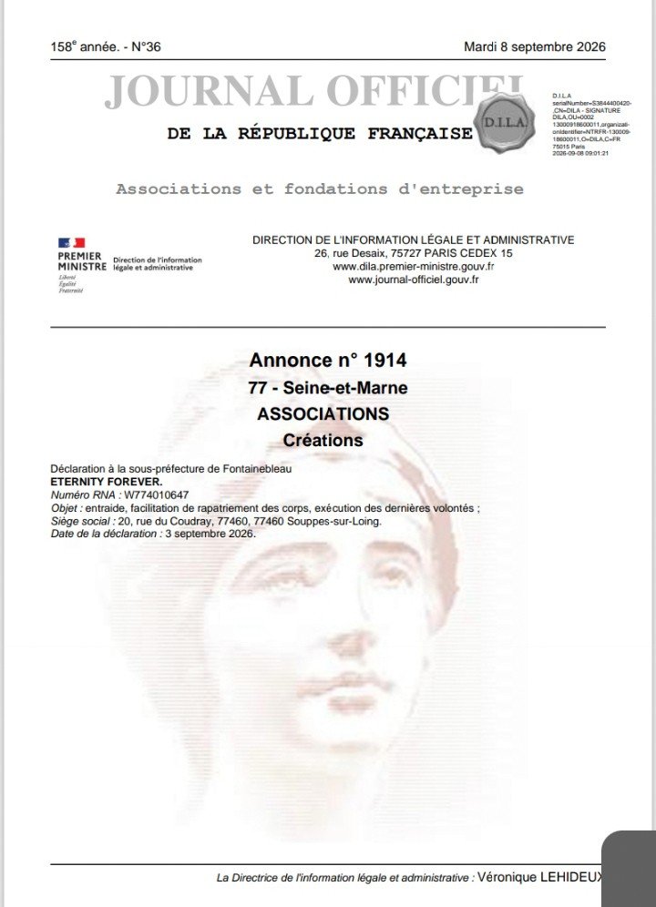 Journal Officiel des Associations et Fondations d’Entreprise, n°36 du 8 septembre 2026 — annonce n°1914, création d’ETERNITY FOREVER